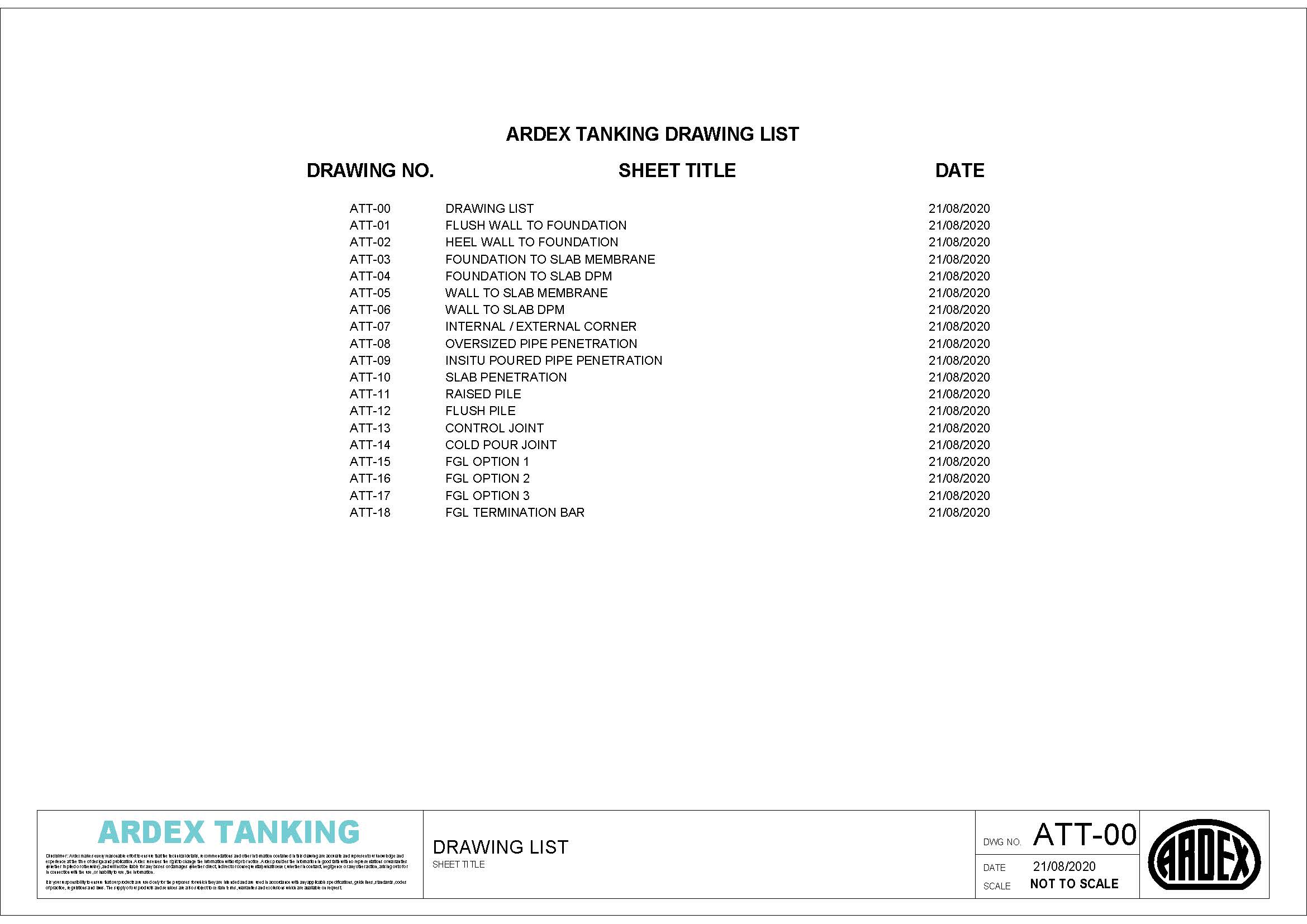 Torch-Applied Bituminous Tanking membrane application detail drawings list