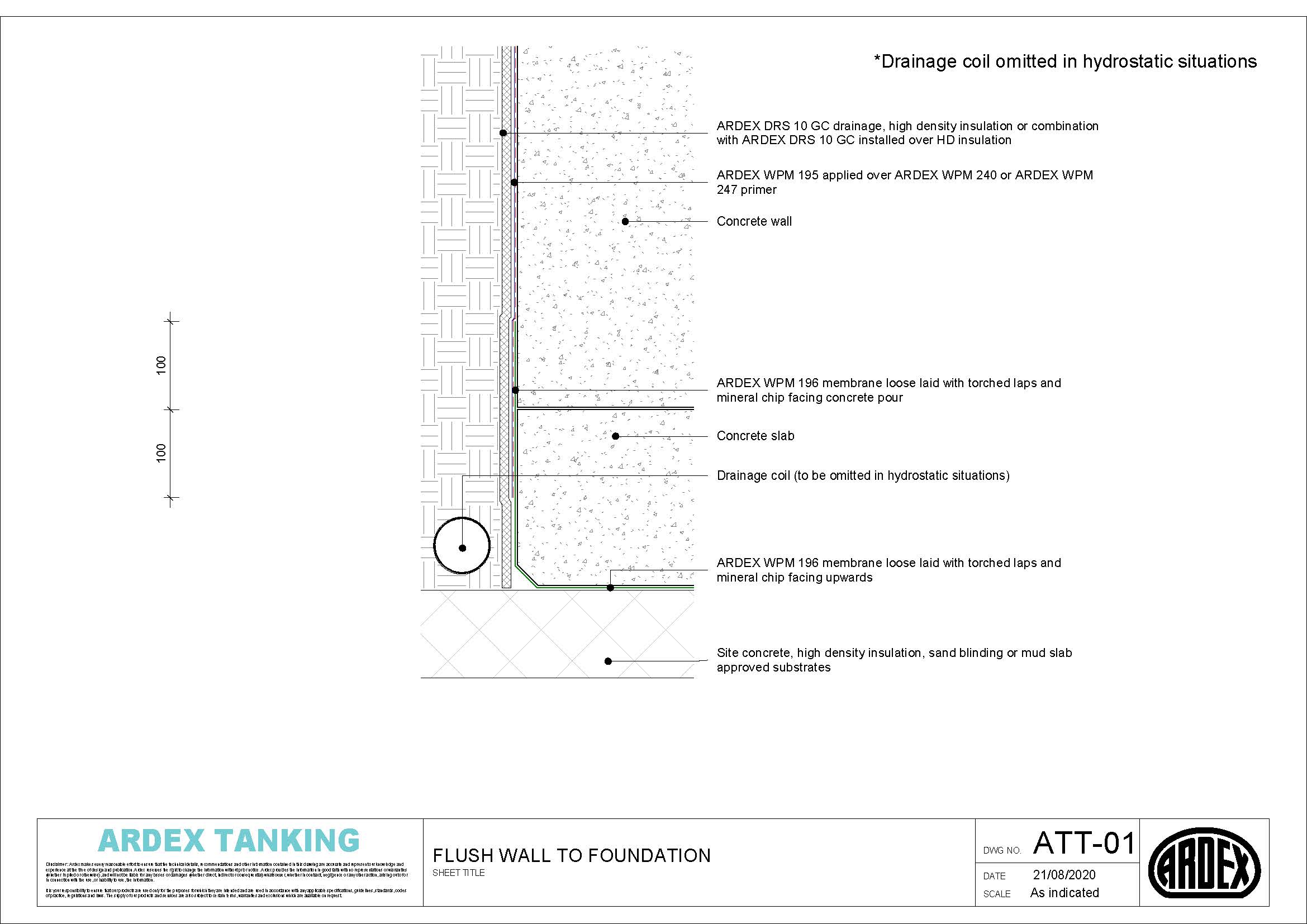 Torch-applied bituminous membrane tanking application detail drawing for flush walls and foundation